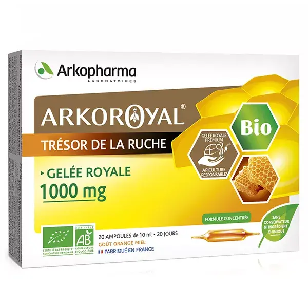 Arkopharma Arkoroyal Tresor de la Ruche Gelee Royale 1000mg Bio 20 ampoules Arkofluides Royal Jelly 1000 mg – Vitality Tonic, 20 x 10 ml