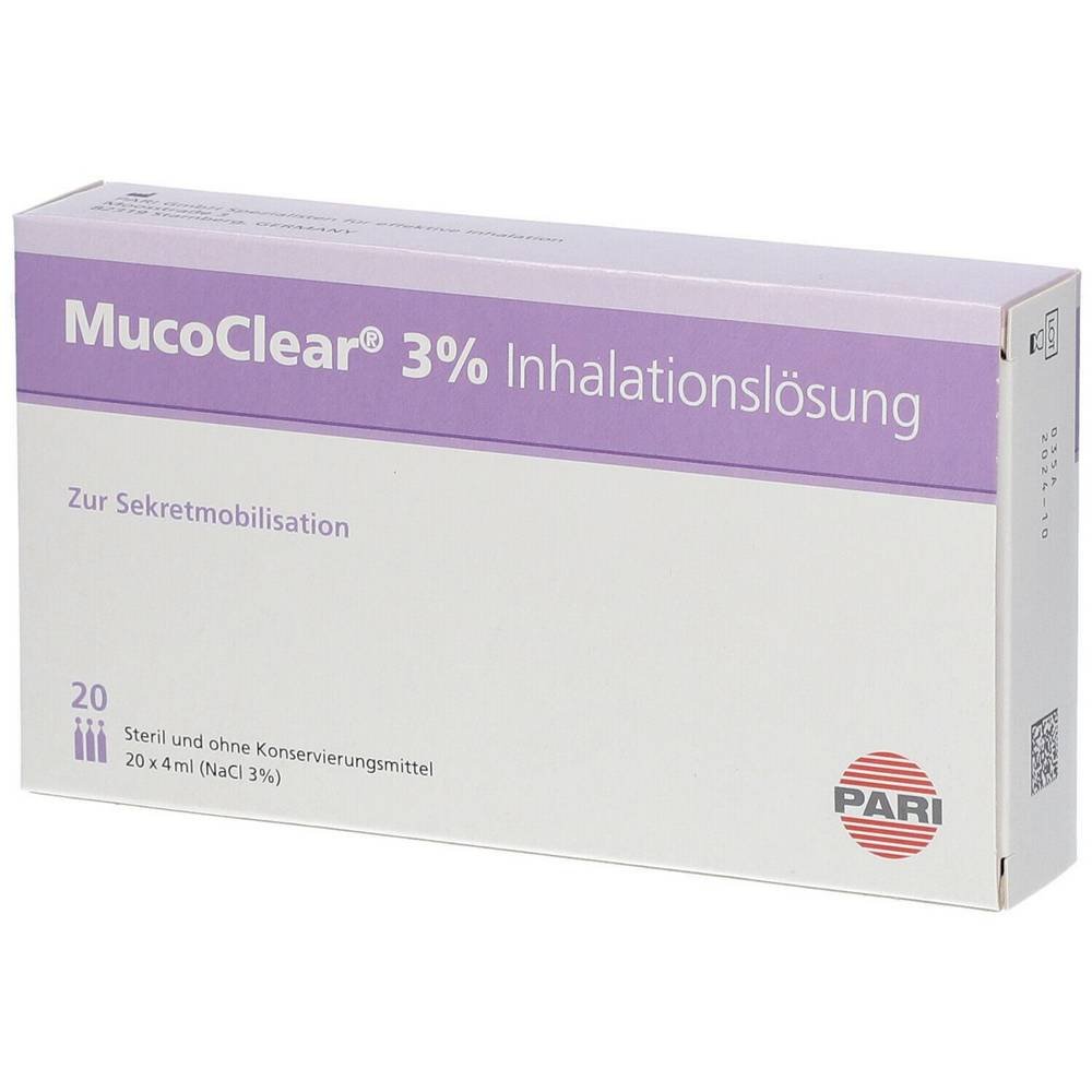 mucoclear 3 nacl inhalationslosung 20x4 ml pari gmbh Mucoclear 3% NaCl Inhalation Solution 20 × 4 ml (Pari GmbH)