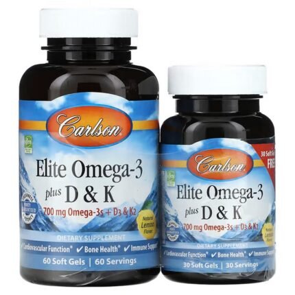 Carlson, Elite Omega-3 Plus D&K, Natural Lemon Flavor, 60 + 30 Free Softgels, Carlson, Elite Omega-3 с витаминами D и K, натуральный лимонный вкус