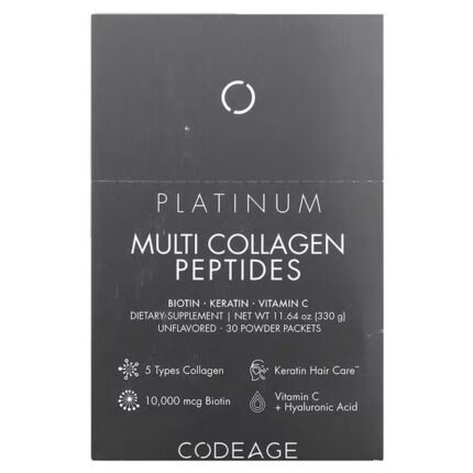 Codeage, Platinum, Multi-Collagen Peptides, Biotin, Keratin, Vitamin C, 30 Packets, 0.38 oz (11 g), Codeage, Platinum, мультиколлагеновые пептиды, биотин, кератин, витамин C, 30 пакетиков по 11 г (0